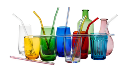 Colorful glass drinkware shines on black. Features various shapes, textures. Ideal for product photography, lifestyle branding, social media.