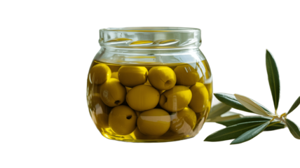 A Jar of Green Olives Marinating in Oil with Olive Branch.