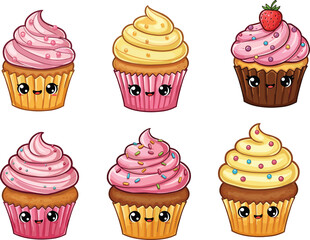 Adorable cupcake characters illustration, cute kawaii dessert vector, sweet bakery cartoon food, happy cupcake design, strawberry vanilla chocolate cupcake art