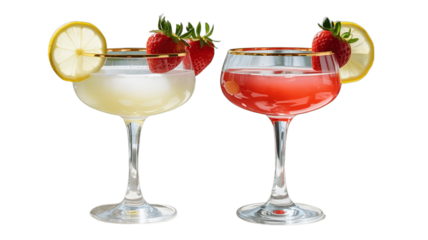 Two colorful cocktails, with lemon and strawberry garnish, on a shiny glass, ready to drink.