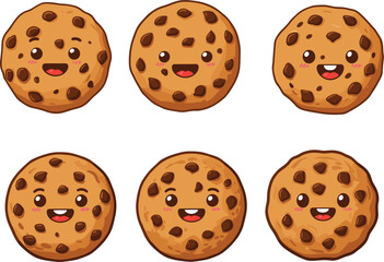 Adorable chocolate chip cookies with kawaii cartoon faces, happy dessert snack illustration, cute bakery food art, smiling sweet biscuit