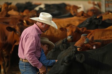 Cowboy and Grandson Interacting with Cattle on a Ranch