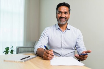 Smiling Middle-Eastern Man Holding Smartphone at Desk with Paperwork