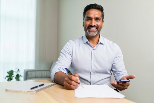Smiling Middle-Eastern Man Holding Smartphone at Desk with Paperwork - Powered by Adobe