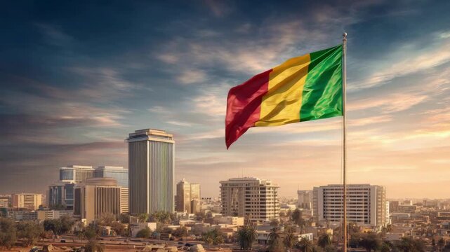 The vibrant Mali flag proudly waves in the wind, celebrating Independence Day with a picturesque backdrop of Bamako.