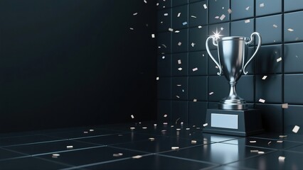 3d illustration of silver trophy cup with falling confetti symbolizing success, achievement, and celebration. Great for business, sports, competition, and awards.