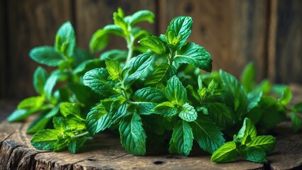 Fresh mint plant with vibrant green leaves on rustic wooden surface. Aromatic herb used in cooking and herbal remedies. The plant of aromatic herbs and natural remedies.