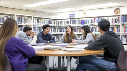 Engaging study group exchanging ideas in a bright library setting during afternoon hours