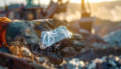 Hand holding metallic ore sample outdoors