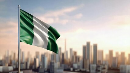 A Nigerian flag waves in the city, representing national pride and unity on Independence Day.