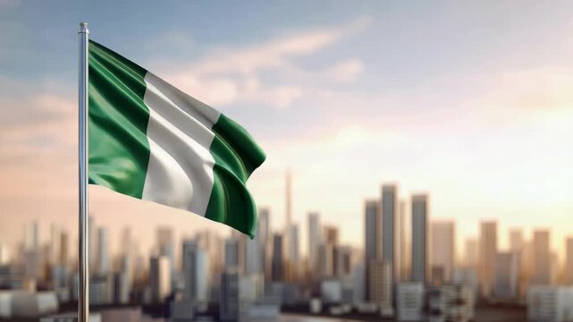 A Nigerian flag waves in the city, representing national pride and unity on Independence Day.