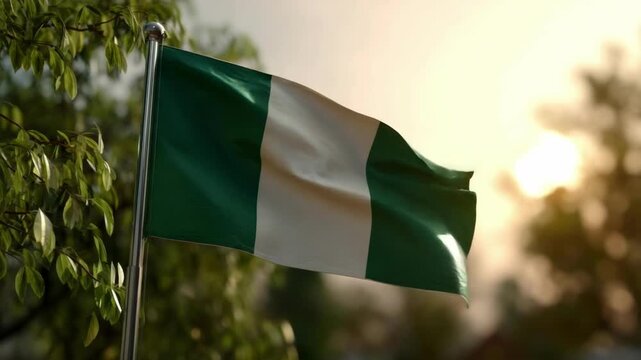 Nigerian flag flutters in the wind while celebrating Independence Day, symbolizing unity and national pride at sunset.