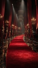 Luxurious red carpet entrance at a glamorous event venue during nighttime with elegant chandeliers