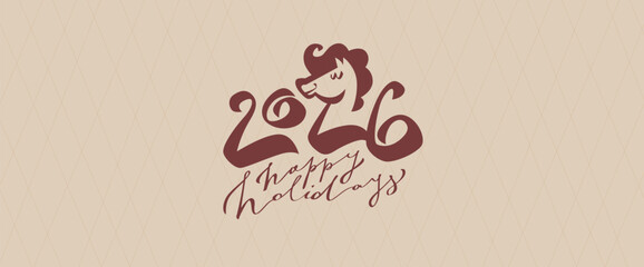 Creative New Year 2026 lettering with one number shaped as a horse. Below is a festive Happy Holidays message on dark green background. Elegant golden vector design for seasonal greetings.