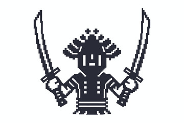 Pixel Art Warrior With Swords in on White Background