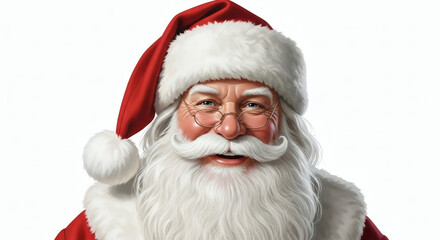 Jolly Santa Claus Portrait with White Beard and Red Hat Against a White Background