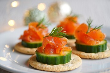 Smoked Salmon Canapés with Cucumber and Dill on Crackers - Appetizer Close-Up