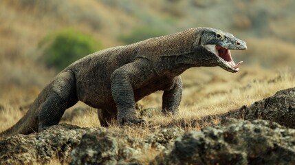 Obraz premium Majestic terrestrial lizard in natural rugged habitat showcasing fierce predator behavior in outdoor wildlife scene with detailed animal portrait