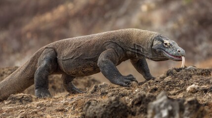 Obraz premium Wildlife photograph of a rugged brown lizard crawling on rocky terrain in natural desert habitat showcasing detailed textured scales and survival behavior