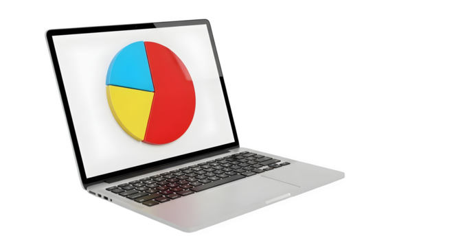 Laptop displays red, blue, and yellow pie chart. It shows business data for presentation, branding.