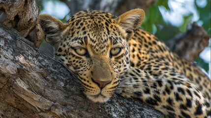 Fototapeta premium Stunning wildlife photography of a majestic leopard resting on a tree branch in lush jungle habitat showcasing the beauty and power of this wild feline predator