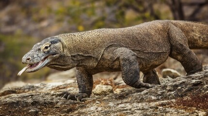 Obraz premium Detailed and vivid image of a large reptile lizard in natural outdoor habitat showcasing scales claws tail and predator behavior in a wildlife scene