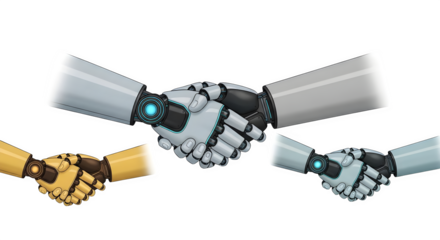 Robot hands in art style handshake, showing collaboration on black background for futuristic branding.