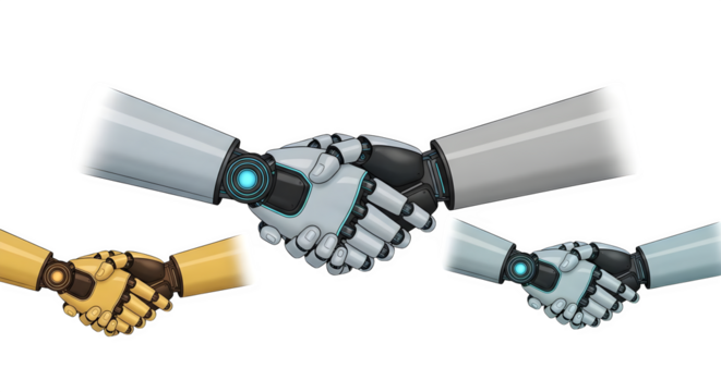 Robot hands in art style handshake, showing collaboration on black background for futuristic branding.