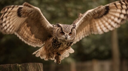 Fototapeta premium Stunning nocturnal owl in flight showcasing detailed feathers large wingspan and captivating eyes in a natural forest environment perfect for wildlife and nature photography