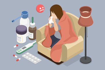 Girl sitting in a chair at home and is sick with the flu, cold, grippe. Woman has cough, runny nose, fever and other influenza symptoms. 3d flat isometric vector illustration.