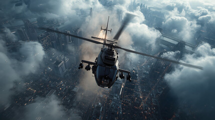 Naklejka premium Aerial Rescue Mission Helicopter Overcast City Skyline Through Clouds