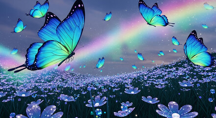 Magical blue butterflies fly over a field of glowing flowers with a rainbow
