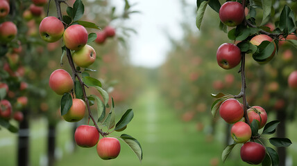 Fototapeta premium Heavy branches laden with ripe red apples frame a view down a long row of trees in a tranquil orchard.