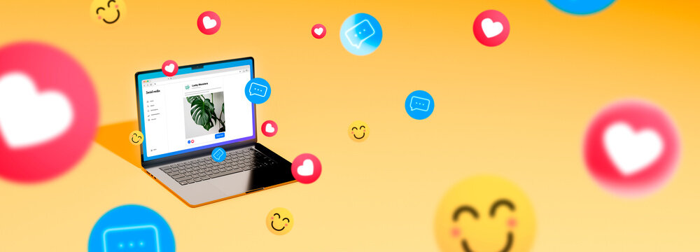 Social Media ads on laptop screen showing advertising example in a social network. Many emojis around it. Banner format image with yellow background.
