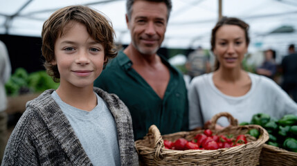 A happy family poses with baskets of fresh produce, showcasing their connection to healthy living and the joy of spending time together at the market.