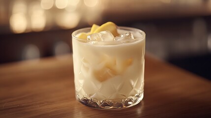 Close-up of collagen drink in a clear glass, with ice cubes and a few slices of lemon
