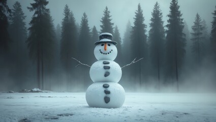 Obraz premium Snowman in the winter forest scene with snow and fog, a cheerful snowman wearing a hat. Winter and holiday season, festive decorations. The concept of winter celebrations and snow-themed themes.