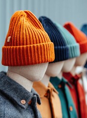 A row of mannequins wearing colorful ribbed beanies and matching jackets, set against a blurred blue background, showcasing winter fashion accessories
