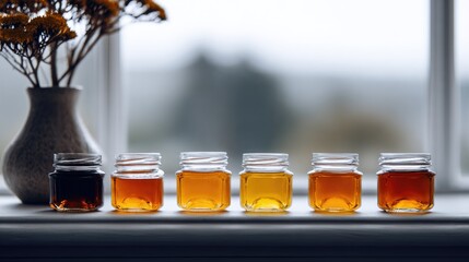 A row of small, square glass jars filled with liquids of varying colors lines a windowsill beside a vase of dried flowers. Hazy landscape in background