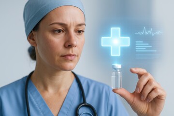 Healthcare Professional with Serum: A dedicated healthcare worker holds a vial of serum, a symbol of healing and innovation, set against a backdrop of advanced medical technology.