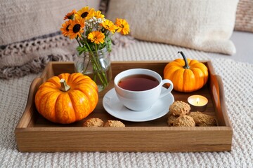 Cozy Autumn Tray with Pumpkins, Tea, and Cookies