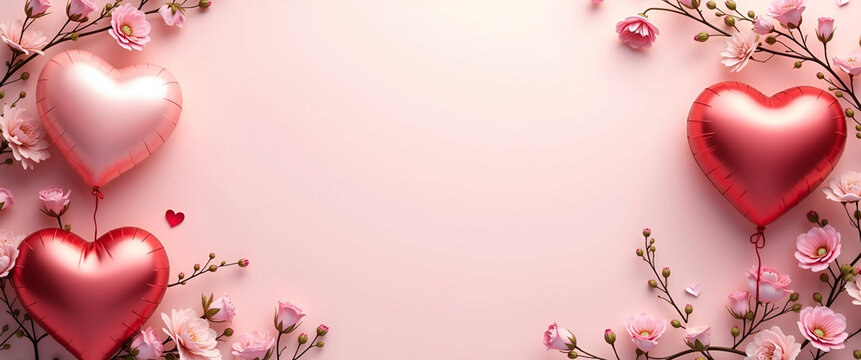 Elegant Heart Balloons and Floral Elements Border Frame for Valentine's Day - Stylish Copy Space for Romantic Messages in Photo Stock Concept