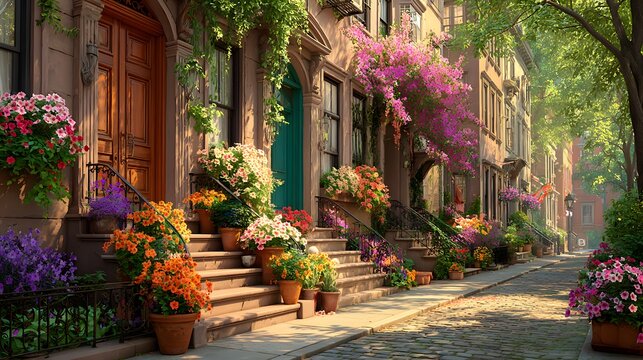 Charming and colorful city scene shows a historic brownstone's front steps adorned with an abundance of vibrant flowers in hanging baskets.