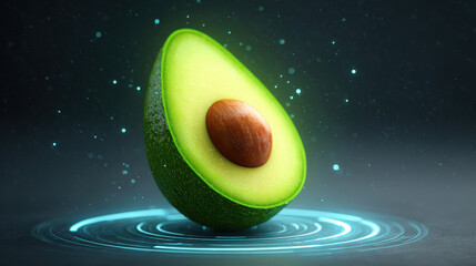 Avocado fruit green fresh sliced seed longivity healthy tropical vibrant Avocado fruit with fresh green sliced flesh and seed, glowing vibrant