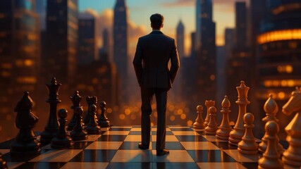 A man stands confidently on a chessboard in a cityscape, symbolizing strategy, power, and decision-making in a business environment. - Powered by Adobe