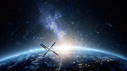 Digital artwork shows a space station orbiting above Earth with a starry sky and a bright horizon, conveying a sense of wonder and exploration