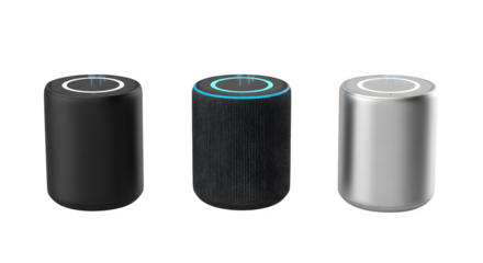 Three speakers display black, mesh, and silver textures under studio lighting, suitable for product presentations and technology branding.