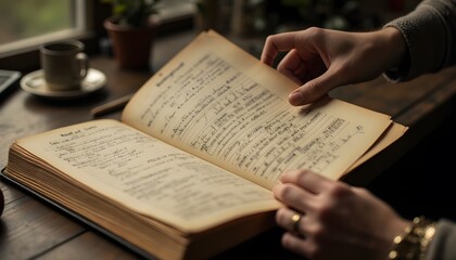 Hands Holding Open Vintage Book with Manuscript Pages and Warm Cup of Coffee