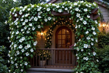 Fototapeta premium jasmine vines climbing balcony pergola, white flowers glowing, cinematic photorealistic wide shot showcasing natural vine shading terrace vividly rendered