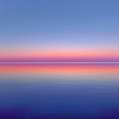 Fototapeta premium Serene, minimal vista. Water reflects soft pastel sunrise hues, creating a calming symmetrical scene. Top sky is light blue, transitioning through pink